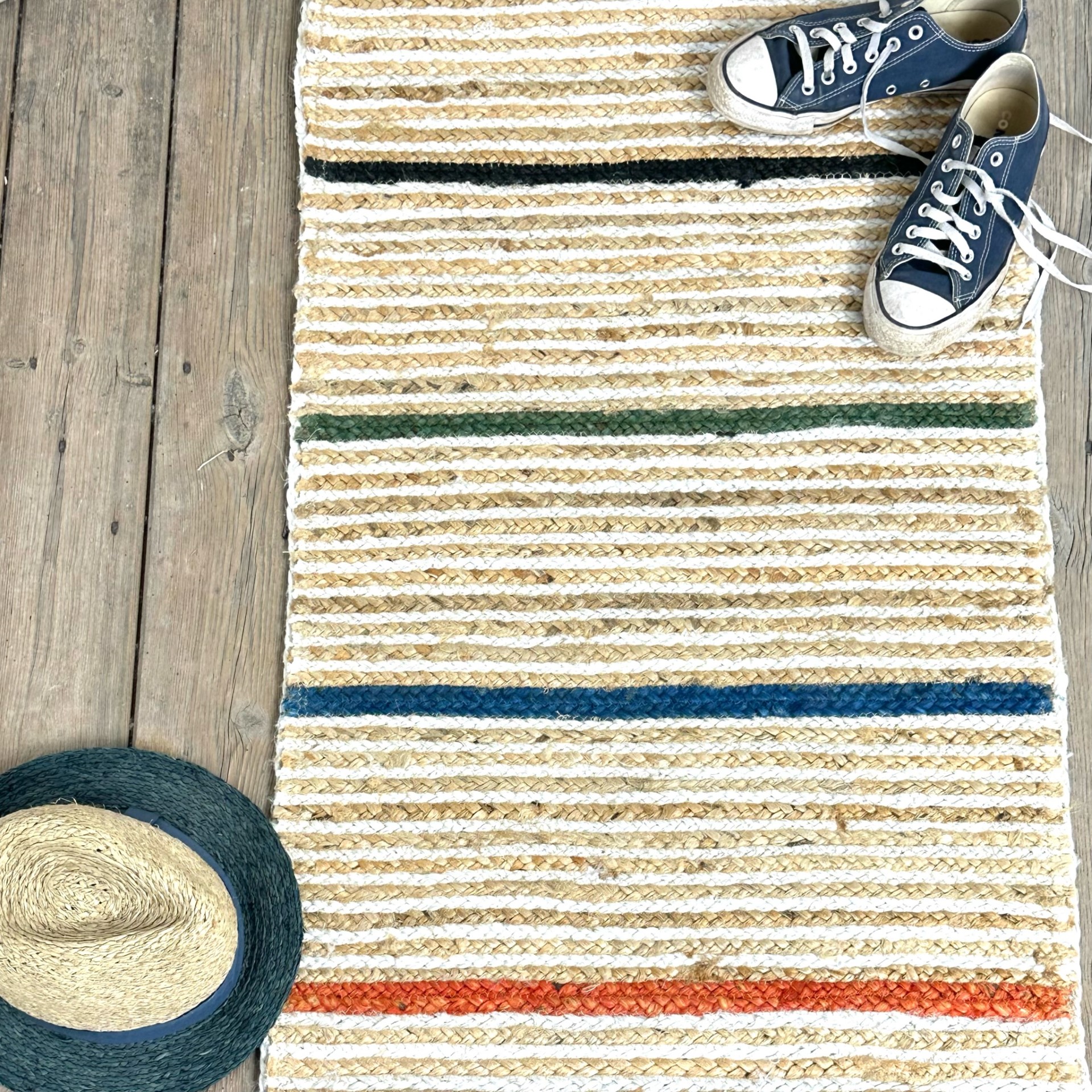 Hallway or entrance jute rug runner with colourful pinstripe design